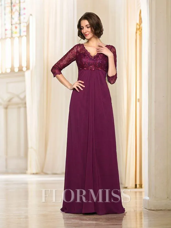 A-Line/Princess V-neck Sweep Train Chiffon Mother of the Bride Dresses With Beading
