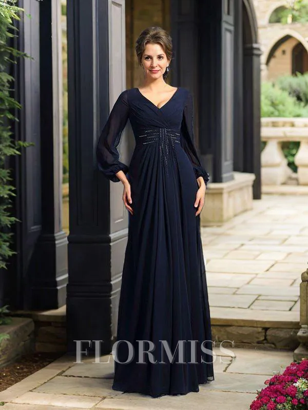 A-Line/Princess V-neck Floor-Length Chiffon Mother of the Bride Dresses With Beading
