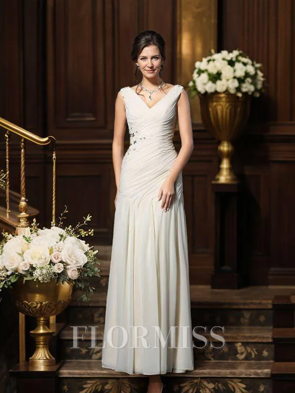 Sheath/Column V-neck Floor-Length Chiffon Mother of the Bride Dresses With Appliques Lace