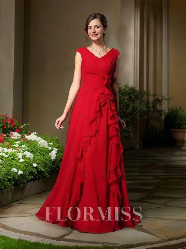 A-Line/Princess V-neck Floor-Length Chiffon Mother of the Bride Dresses With Flower