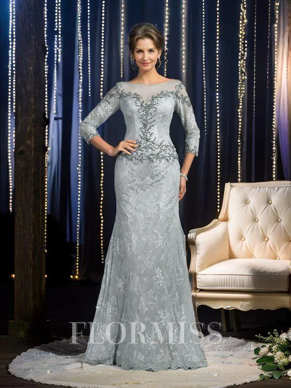 Trumpet/Mermaid Bateau Sweep Train Lace Mother of the Bride Dresses With Beading