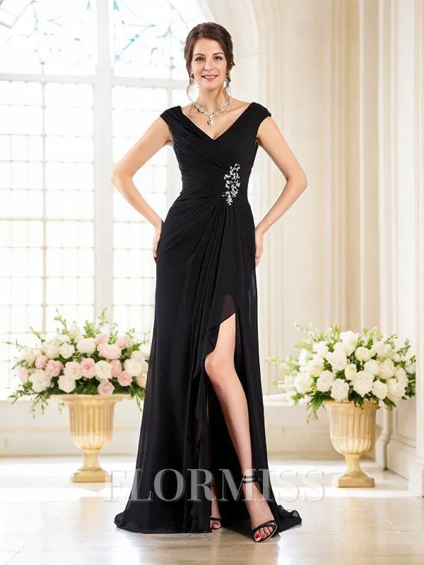 A-Line/Princess V-neck Sweep Train Chiffon Mother of the Bride Dresses With Ruffles