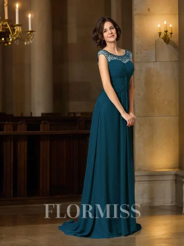 A-Line/Princess Scoop Sweep Train Chiffon Mother of the Bride Dresses With Beading