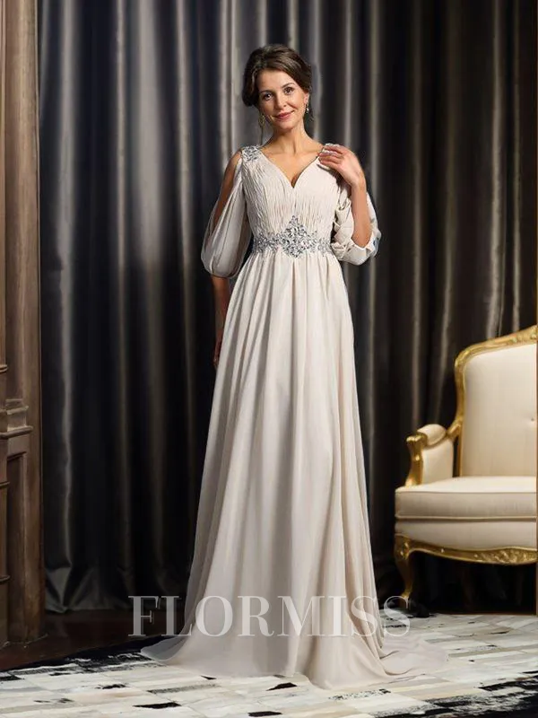 A-Line/Princess V-neck Court Train Chiffon Mother of the Bride Dresses With Beading