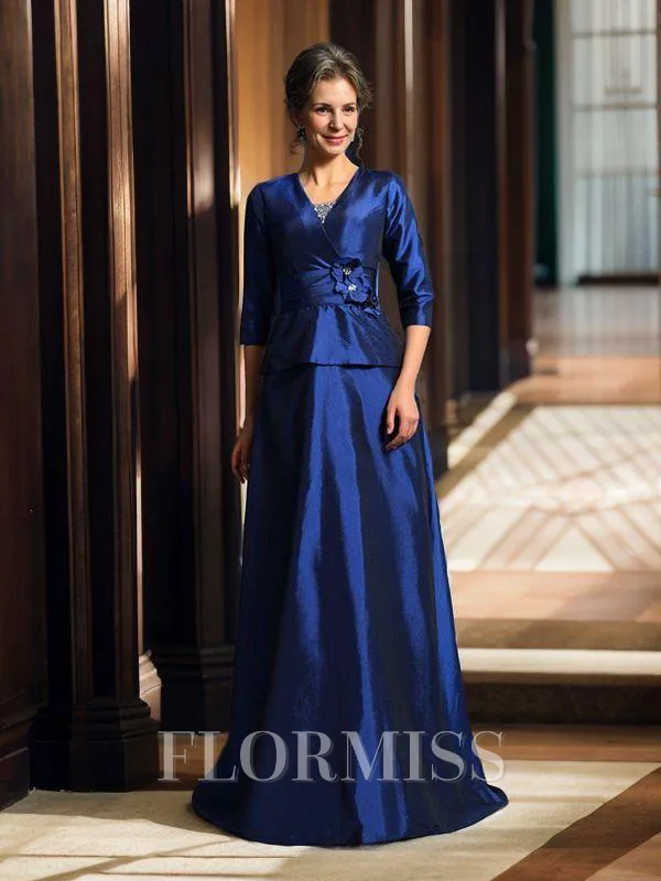 A-Line/Princess V-neck Floor-Length Taffeta Mother of the Bride Dresses With Beading