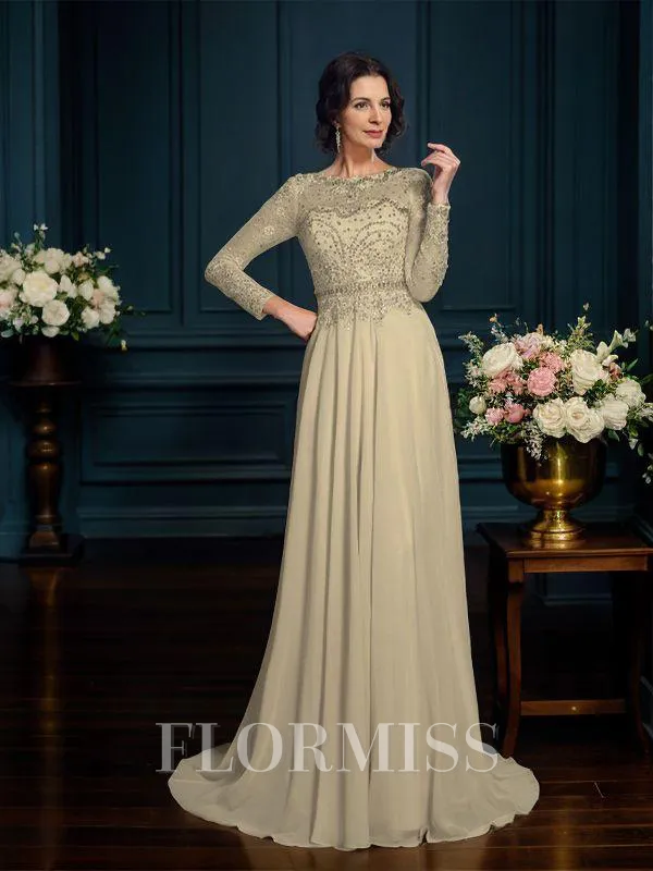 A-Line/Princess Scoop Sweep Train Chiffon Mother of the Bride Dresses With Beading