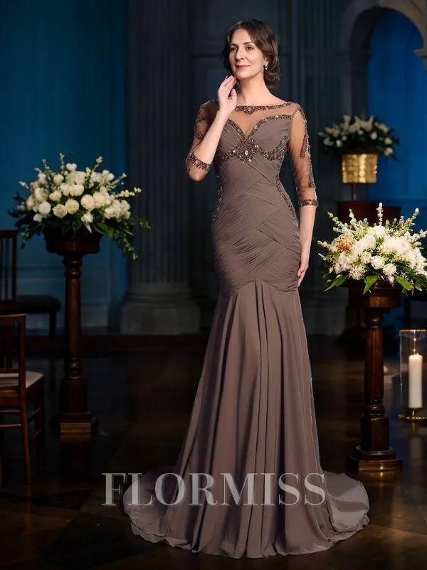 Sheath/Column Scoop Court Train Chiffon Mother of the Bride Dresses With Beading