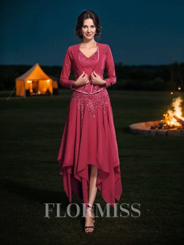 A-Line/Princess V-neck Asymmetrical Chiffon Mother of the Bride Dresses With Appliques Lace