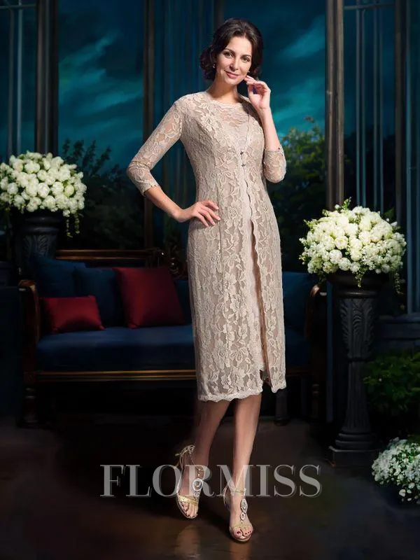 Sheath/Column Scoop Knee-Length Taffeta Mother of the Bride Dresses With Lace