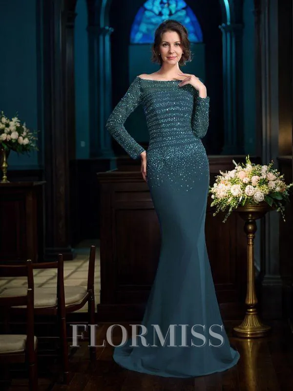 Sheath/Column Off-the-Shoulder Sweep Train Chiffon Mother of the Bride Dresses With Beading