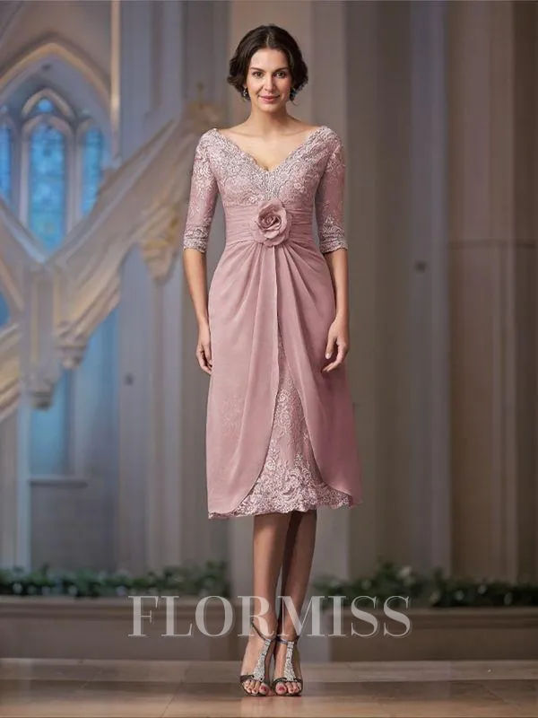 A-Line/Princess V-neck Tea-Length Lace Mother of the Bride Dresses With Flower