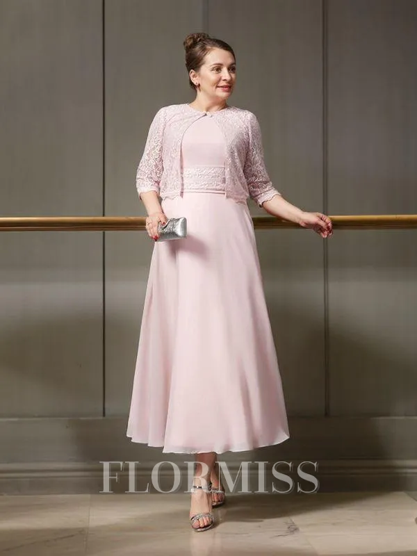 A-Line/Princess Jewel Ankle-Length Chiffon Mother of the Bride Dresses With Lace