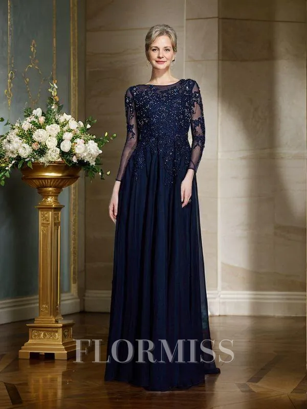 A-Line/Princess Scoop Floor-Length Chiffon Mother of the Bride Dresses With Appliques Lace
