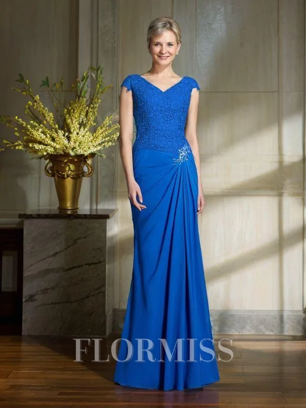 Sheath/Column V-neck Floor-Length Chiffon Mother of the Bride Dresses With Lace