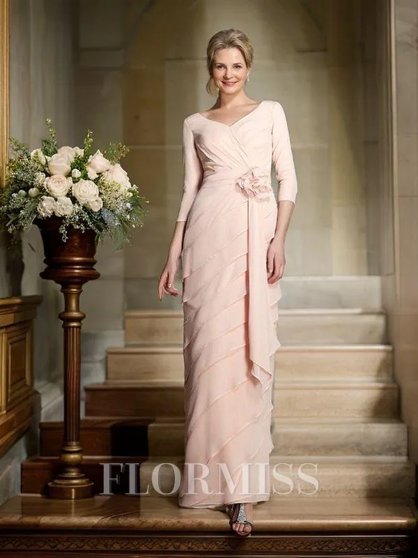 Sheath/Column V-neck Floor-Length Chiffon Mother of the Bride Dresses With Flower