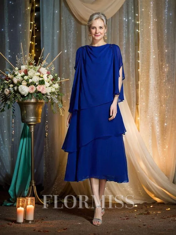 A-Line/Princess Bateau Tea-Length Chiffon Mother of the Bride Dresses With Appliques Lace