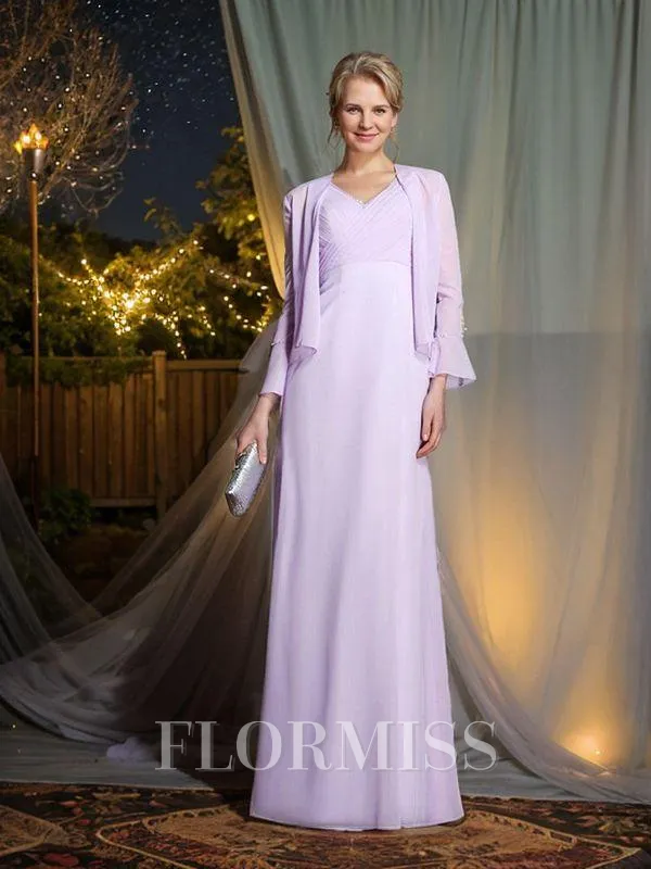 Sheath/Column V-neck Floor-Length Chiffon Mother of the Bride Dresses With Appliques Lace