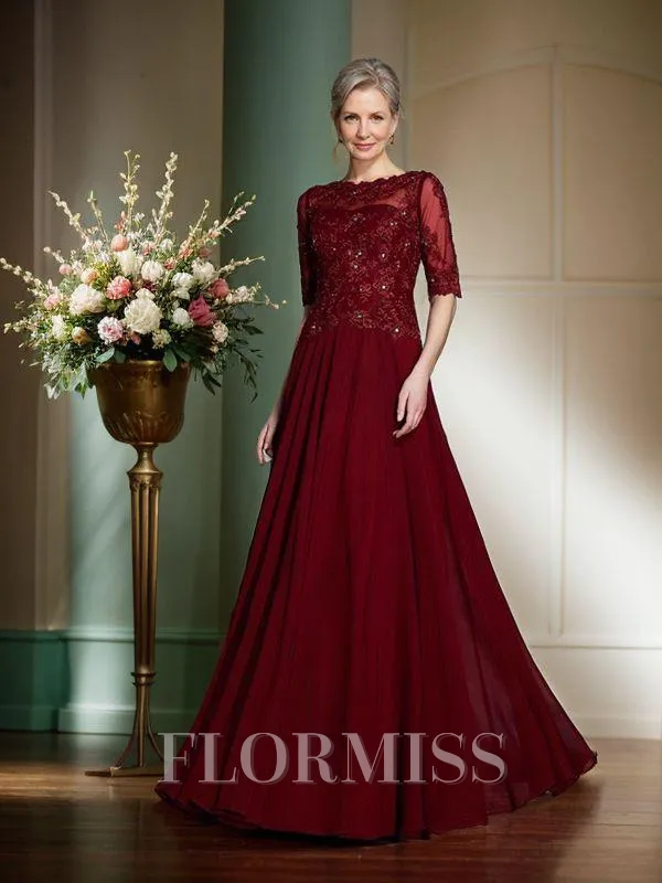 A-Line/Princess Bateau Floor-Length Chiffon Mother of the Bride Dresses With Appliques Lace