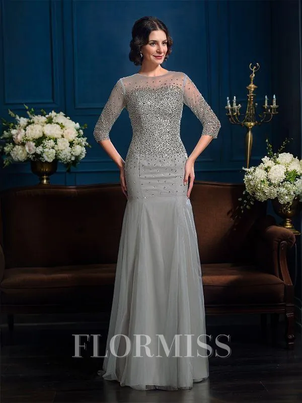 Sheath/Column Scoop Floor-Length Net Mother of the Bride Dresses With Beading