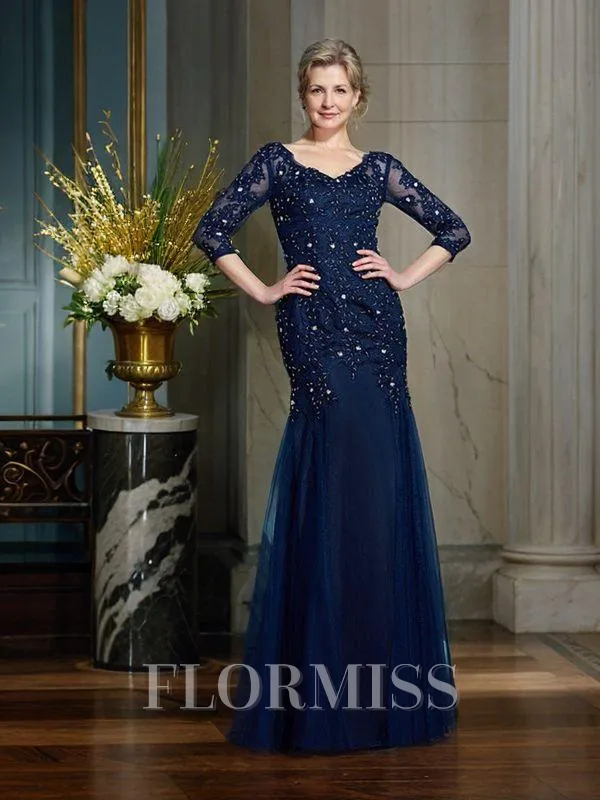 Sheath/Column V-neck Floor-Length Net Mother of the Bride Dresses With Appliques Lace