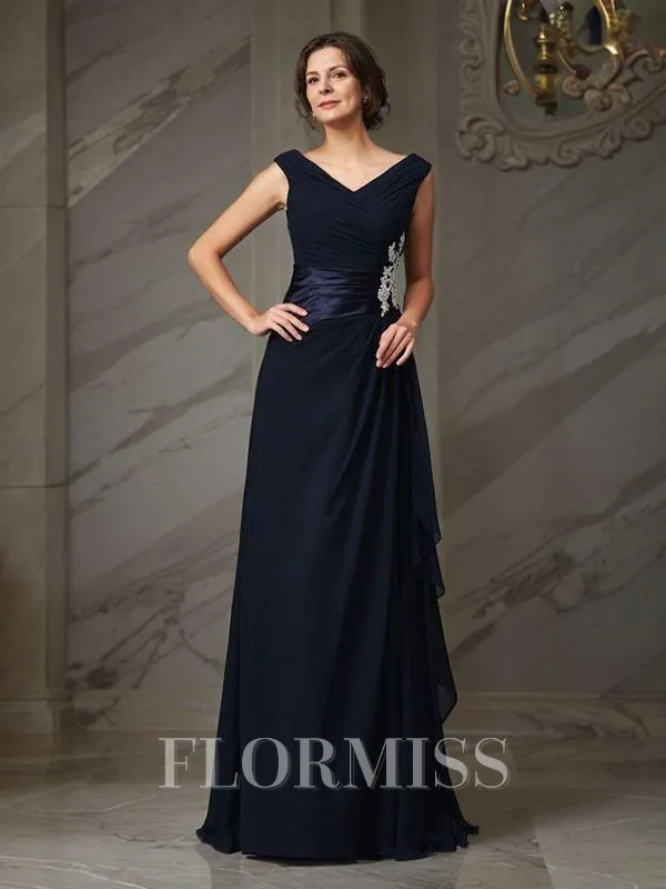 A-Line/Princess V-neck Floor-Length Chiffon Mother of the Bride Dresses With Appliques Lace