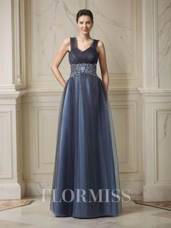 A-Line/Princess Straps Floor-Length Net Mother of the Bride Dresses With Pockets