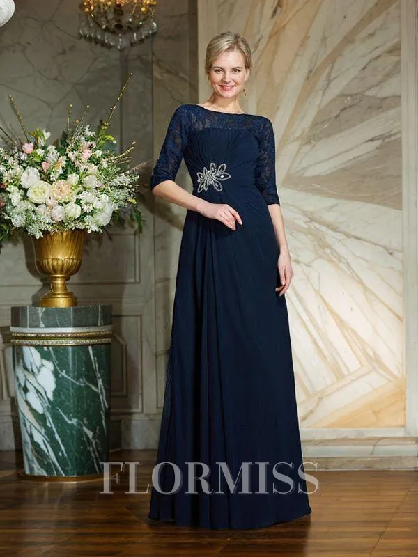 A-Line/Princess Bateau Floor-Length Chiffon Mother of the Bride Dresses With Beading