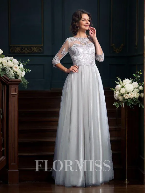 A-Line/Princess Scoop Floor-Length Silk Like Satin Mother of the Bride Dresses With Appliques Lace