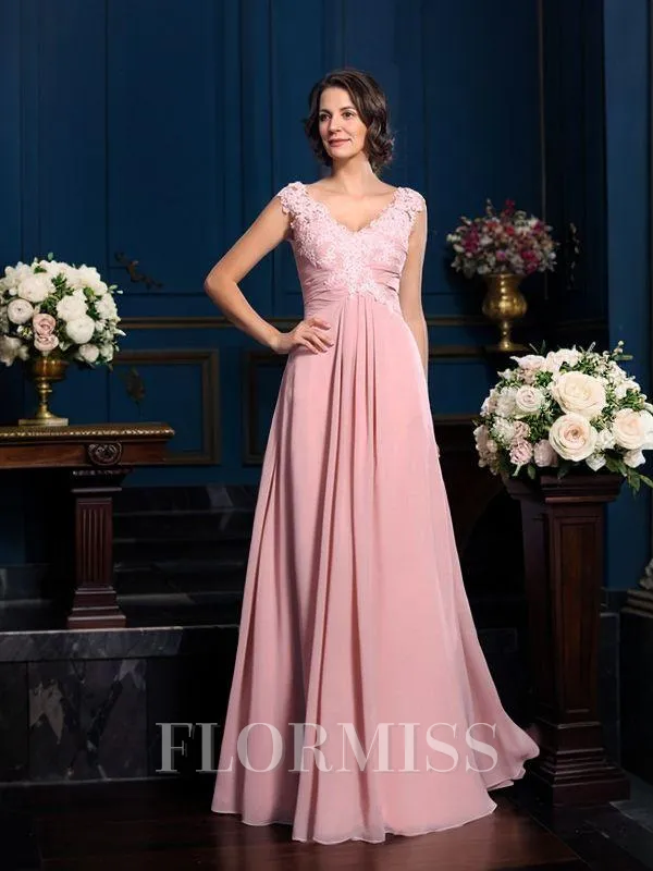 A-Line/Princess V-neck Floor-Length Chiffon Mother of the Bride Dresses With Appliques Lace