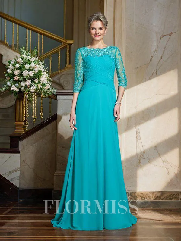 A-Line/Princess Bateau Floor-Length Chiffon Mother of the Bride Dresses With Appliques Lace