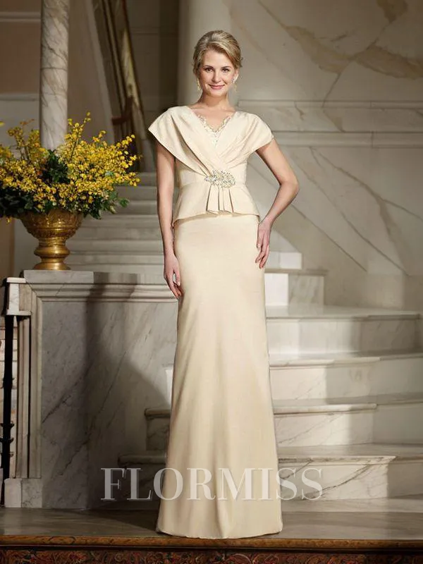 Sheath/Column V-neck Floor-Length Silk like Satin Mother of the Bride Dresses With Beading