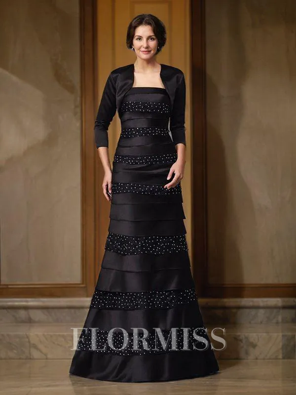 Sheath/Column Strapless Floor-Length Satin Mother of the Bride Dresses With Beading