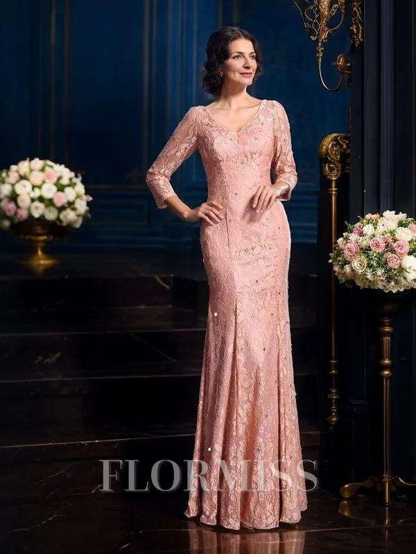 Sheath/Column V-neck Floor-Length Lace Mother of the Bride Dresses With Beading