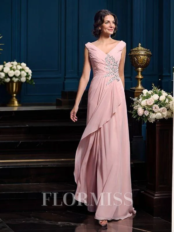 A-Line/Princess V-neck Sweep Train Chiffon Mother of the Bride Dresses With Beading