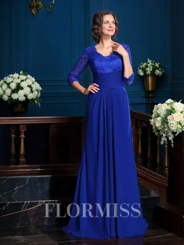 A-Line/Princess V-neck Sweep Train Chiffon Mother of the Bride Dresses With Appliques Lace
