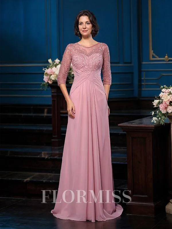 A-Line/Princess Scoop Sweep Train Chiffon Mother of the Bride Dresses With Beading