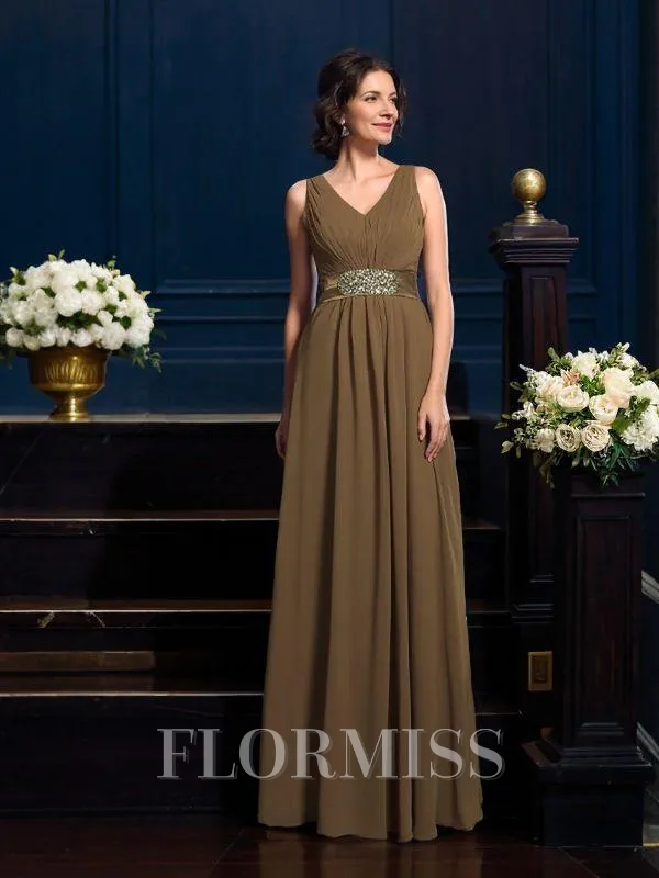 A-Line/Princess V-neck Floor-Length Chiffon Mother of the Bride Dresses With Pleats