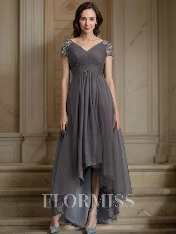 A-Line/Princess V-neck Asymmetrical Tulle Mother of the Bride Dresses