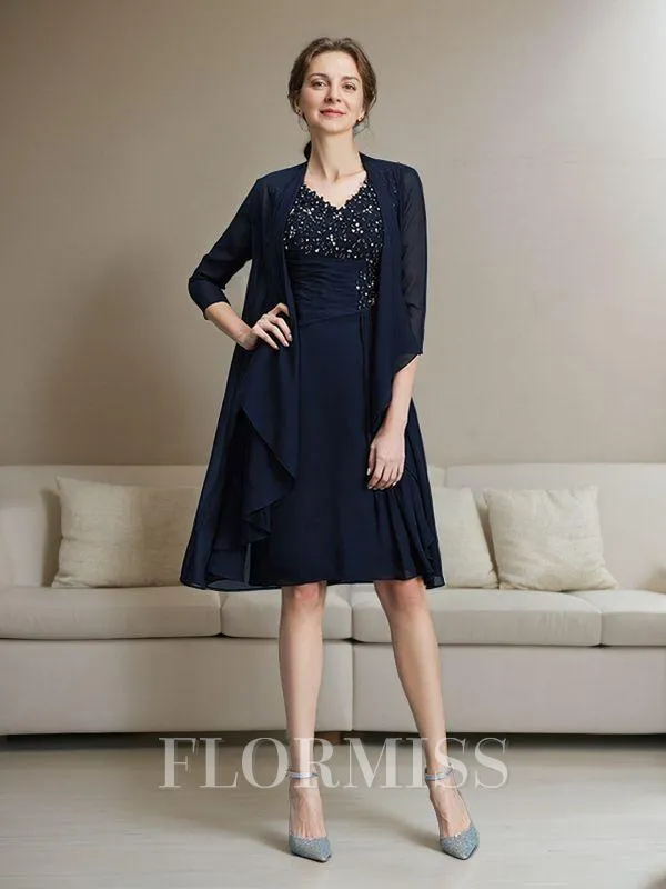 Sheath/Column V-neck Knee-Length Chiffon Mother of the Bride Dresses With Ruffles