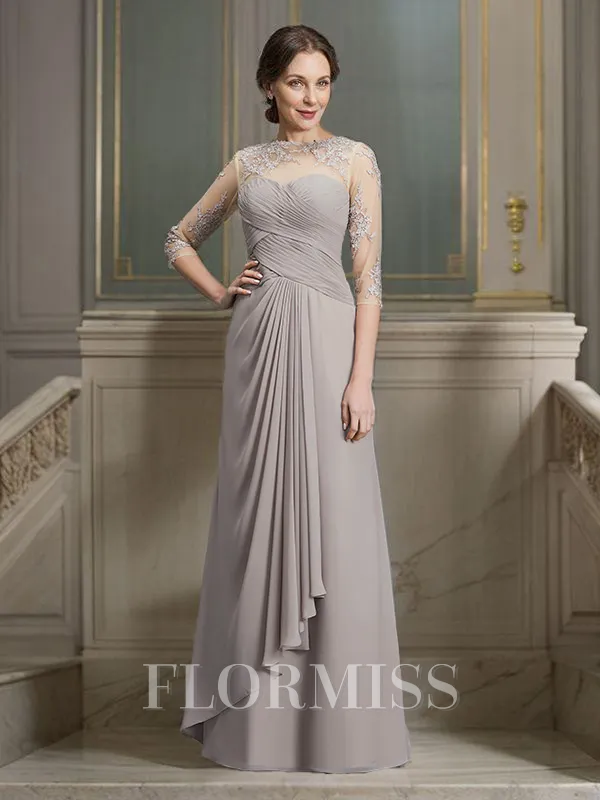 A-Line/Princess Sheer Neck Floor-Length Chiffon Mother of the Bride Dresses With Ruffles