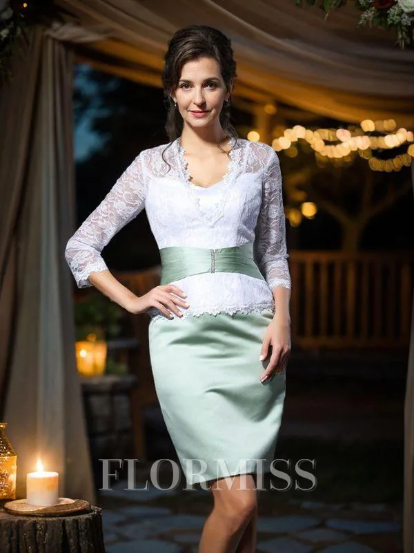 Sheath/Column V-neck Short/Mini Satin Mother of the Bride Dresses With Lace