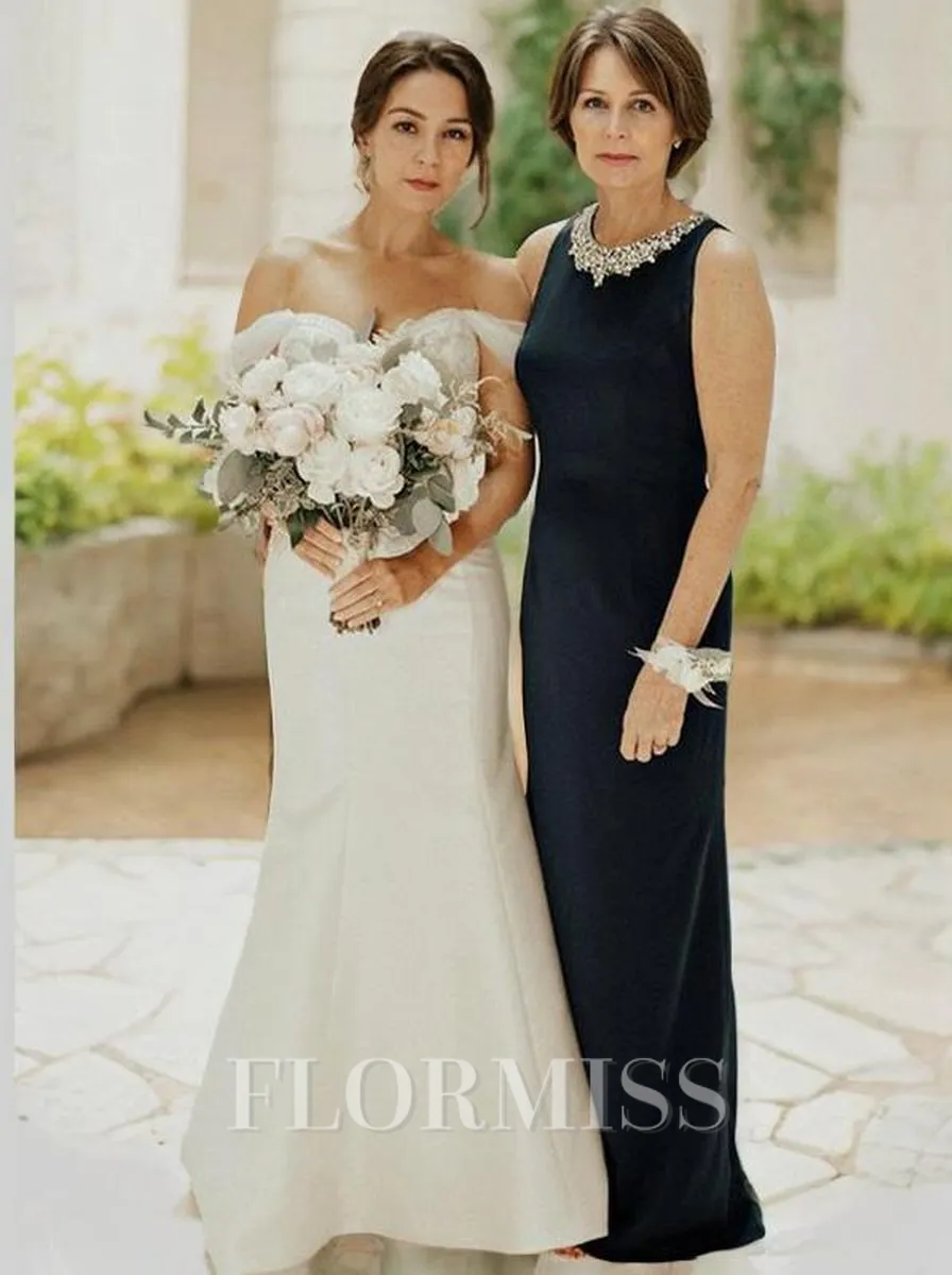 Sheath/Column Jewel Floor-Length Stretch Crepe Mother of the Bride Dresses With Beading