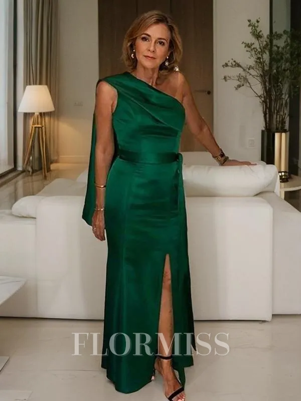 Sheath/Column One-Shoulder Floor-Length Satin Mother of the Bride Dresses With Leg Slit
