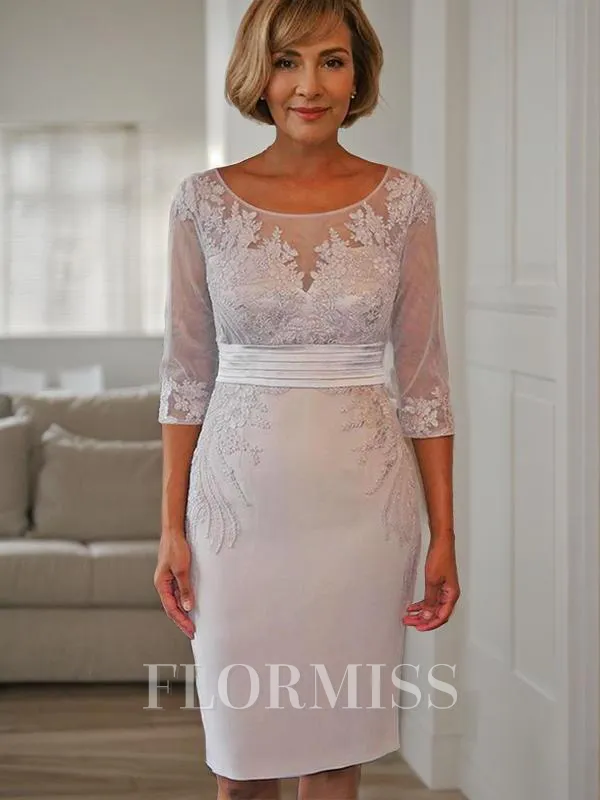 Sheath/Column Scoop Knee-Length Silk Like Satin Mother of the Bride Dresses With Appliques Lace