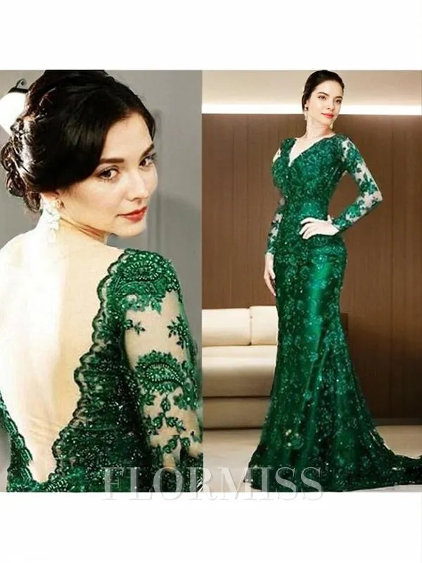 Sheath/Column V-neck Sweep Train Tulle Mother of the Bride Dresses With Appliques Lace