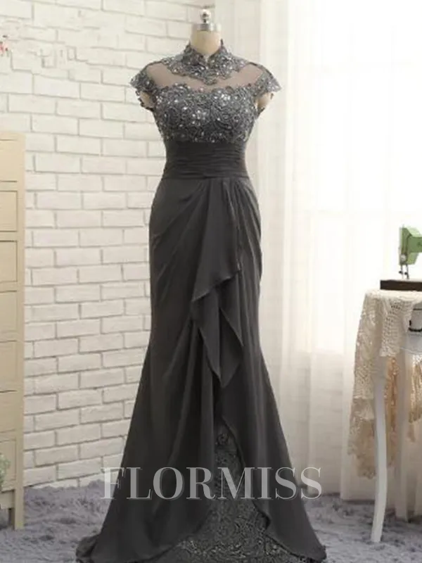 Sheath/Column High Neck Sweep Train Chiffon Mother of the Bride Dresses With Lace