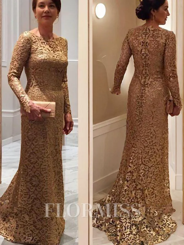 Sheath/Column Scoop Sweep Train Lace Mother of the Bride Dresses