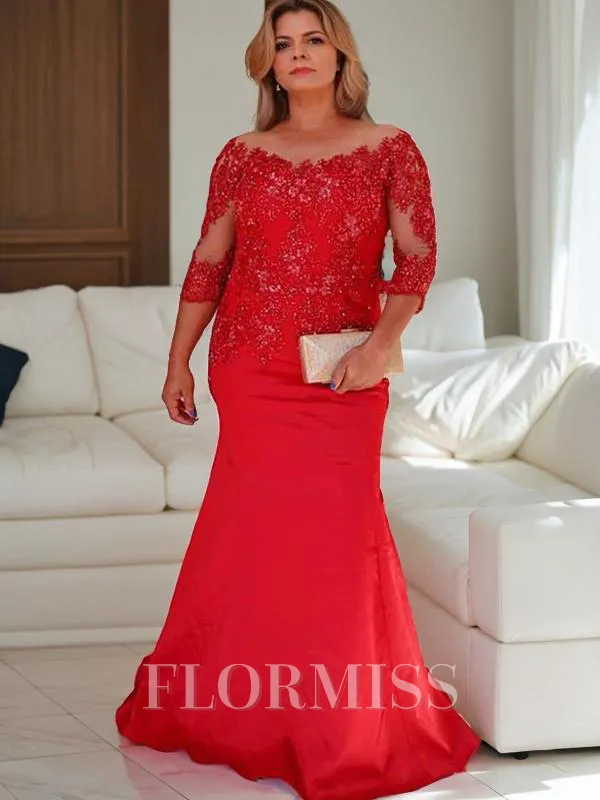 Sheath/Column Scoop Sweep Train Satin Mother of the Bride Dresses With Appliques Lace