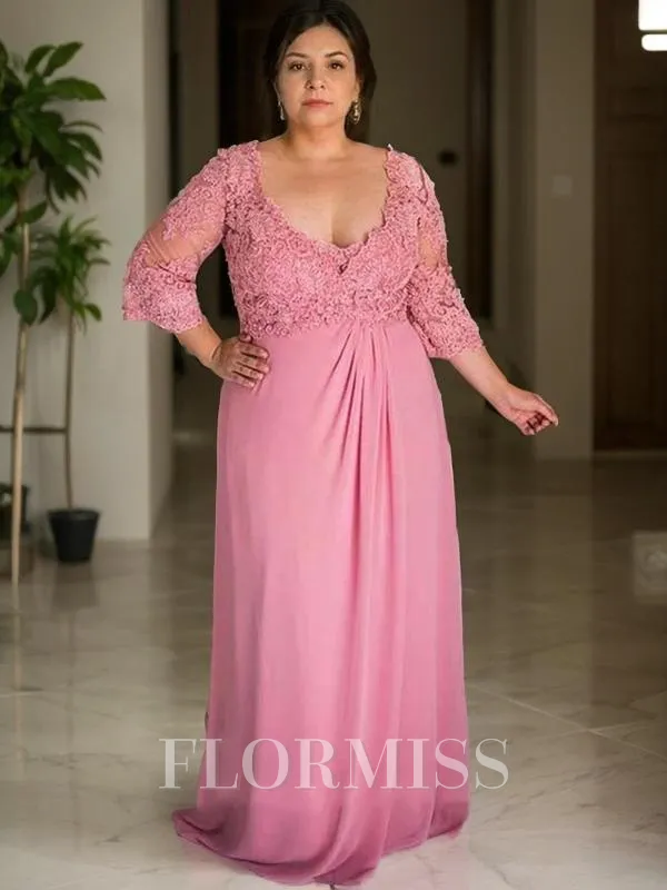 A-Line/Princess V-neck Sweep Train Chiffon Mother of the Bride Dresses With Appliques Lace