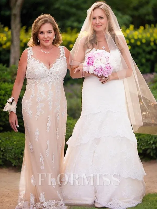 Sheath/Column V-neck Floor-Length Tulle Mother of the Bride Dresses With Appliques Lace